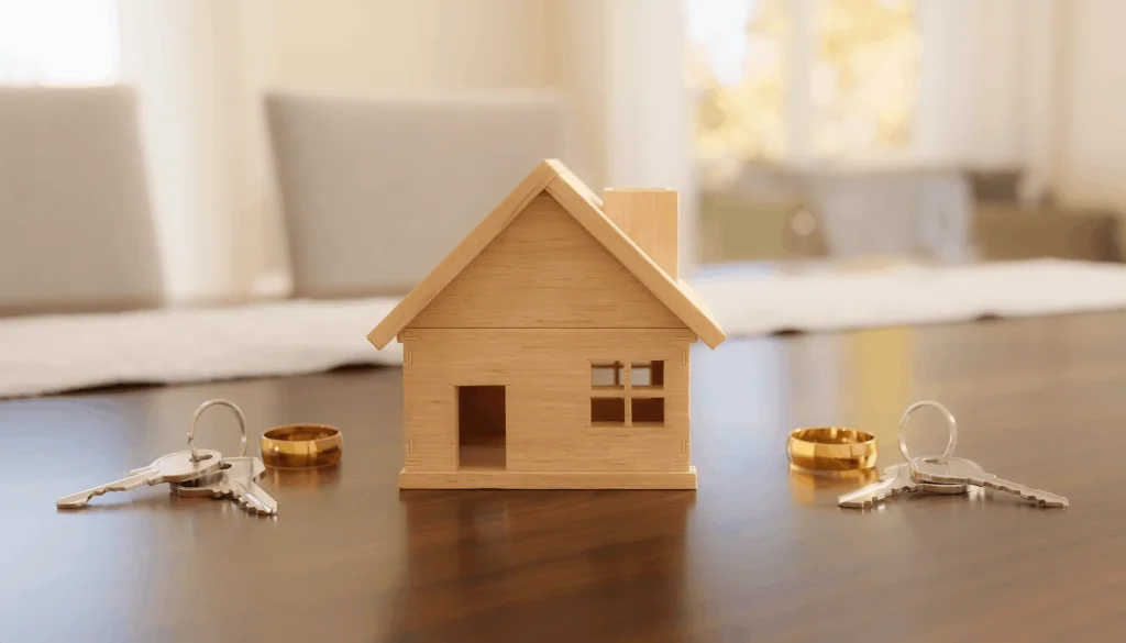 Two sets of house keys and wedding bands on a table representing a spouse who refuses to sell the house in a divorce
